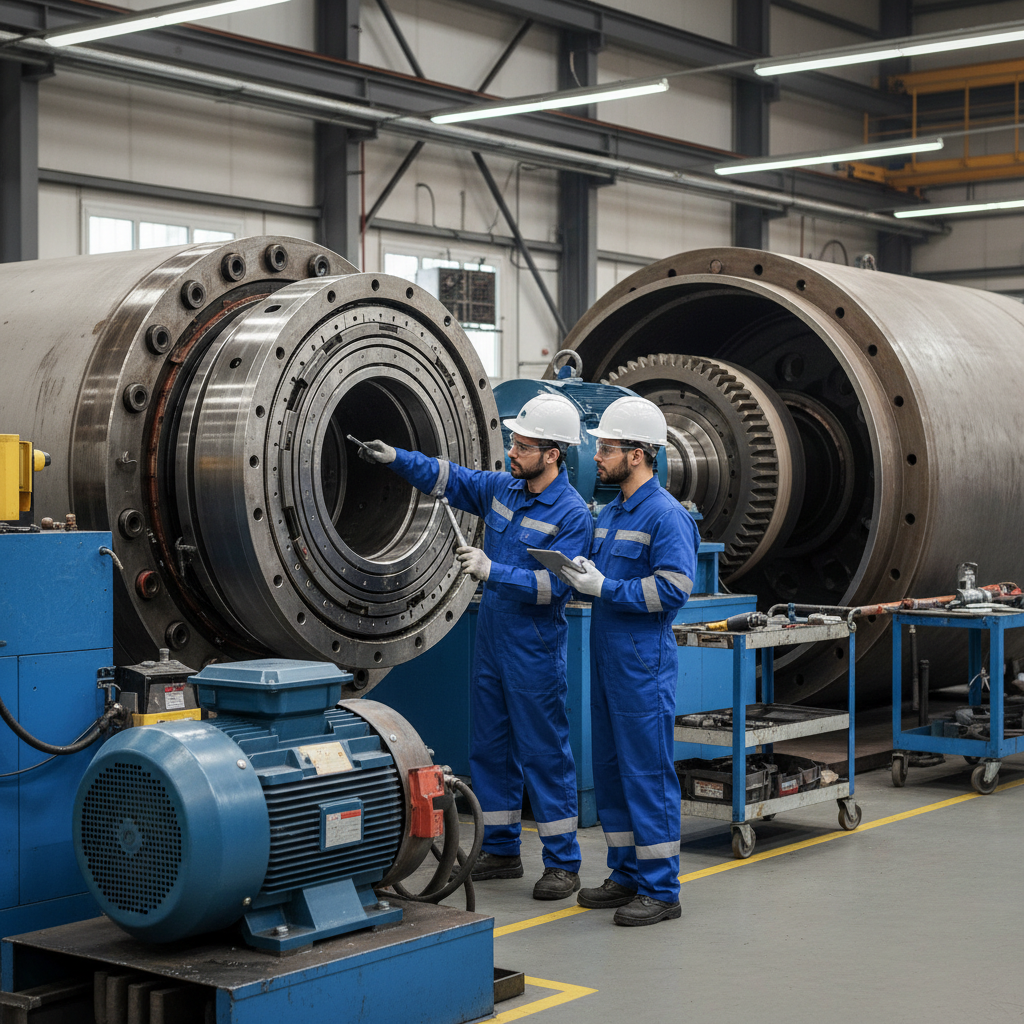 Technicians inspecting an industrial ball mill for maintenance and efficiency