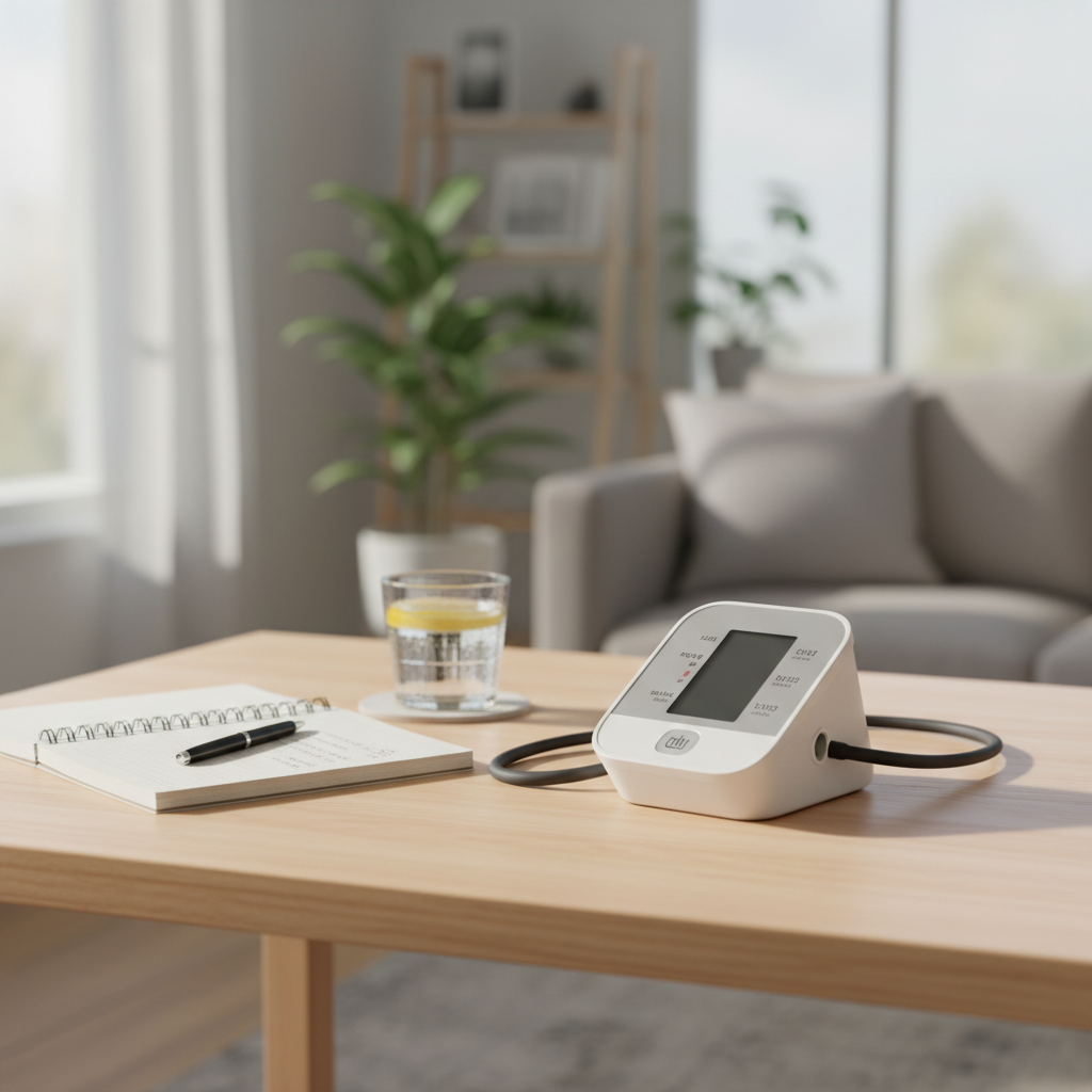 Home electronic blood pressure monitor on a table