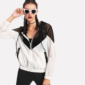 2018 Hot Two Tone Mesh Panel Hooded Jacket