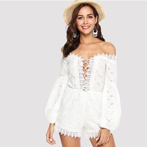 2018 Hot New Lace Insert Bishop Sleeve Eyelet Embroidered Romper